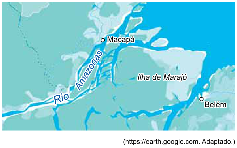 F1 Mapa da foz do rio Amazonas destacando o Rio Amazonas, Macapá, a Ilha de Marajó e Belém.