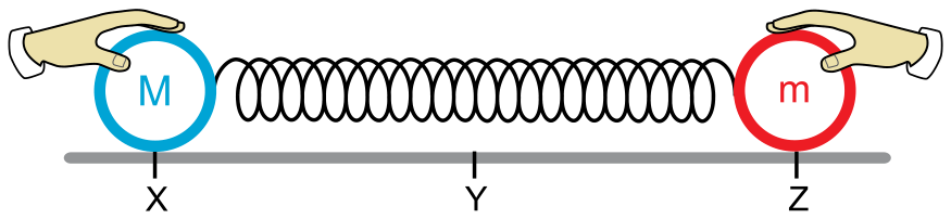 Duas mãos seguram duas esferas conectadas por uma mola horizontal esticada. A esfera à esquerda, azul, com a letra M, está alinhada à posição X. A esfera à direita, vermelha, com a letra m, está alinhada à posição Z. No meio do segmento horizontal entre X e Z, está indicada a posição Y.