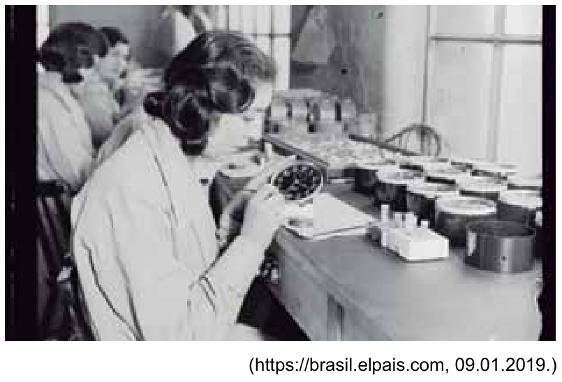 Fotografia em preto e branco de mulheres em uma bancada de trabalho pintando mostradores de relógios, com o crédito "(https://brasil.elpais.com, 09.01.2019.)" no canto inferior direito.