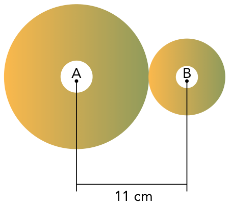 Duas engrenagens circulares tangentes externamente com centros A (engrenagem maior) e B (engrenagem menor). Linhas verticais descem dos centros A e B até uma cota horizontal indicando a distância de 11 cm.