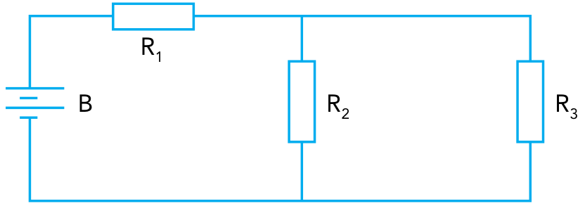 Circuito elétrico com bateria B no ramo esquerdo e resistor R₁ no ramo superior, em série com a associação em paralelo dos resistores R₂ e R₃, dispostos em dois ramos verticais ligados aos mesmos fios superior e inferior.