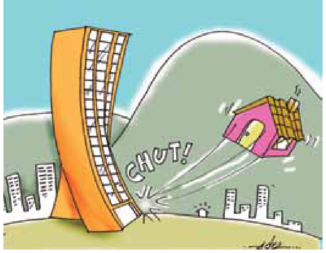 Charge ilustrando um arranha-céu moderno e espelhado chutando para longe uma pequena casa rosa, acompanhado da onomatopeia "CHUT!", tendo ao fundo morros e outros edifícios da cidade.