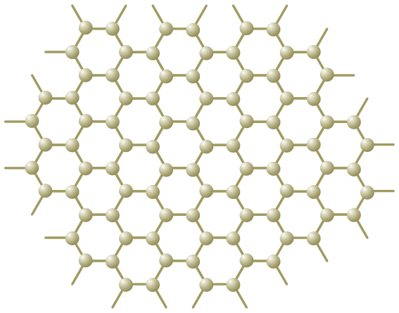Esquema de uma rede hexagonal formada por esferas (átomos de carbono) unidas por traços (ligações simples), representando o corte lateral de um nanotubo