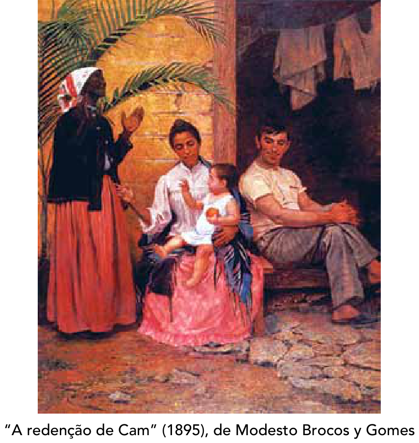 A redenção de Cam (1895), de Modesto Brocos y Gomes, pintura retratando três gerações: uma mulher negra idosa à esquerda com as mãos erguidas aos céus; uma mulher de pele parda sentada ao centro segurando um bebê de pele branca; e um homem branco sentado à direita observando a criança.