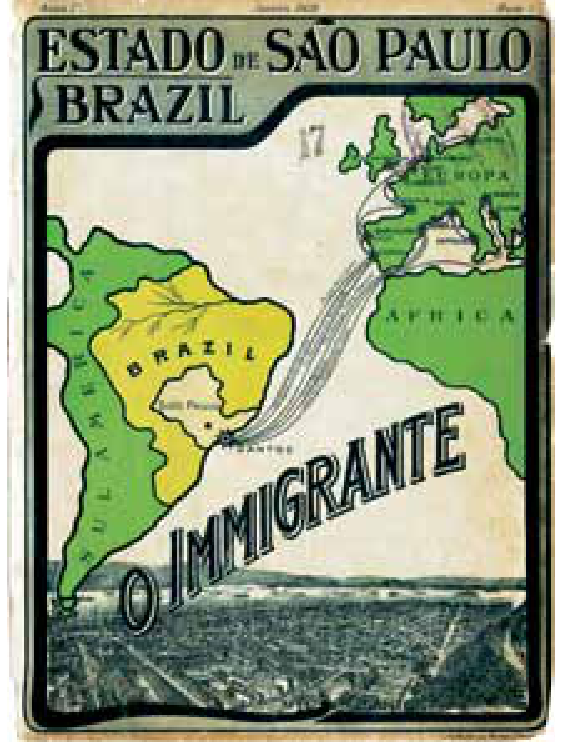 Capa da revista "O Immigrante", com o título "ESTADO DE SÃO PAULO - BRAZIL" no topo, e ilustração cartográfica mostrando rotas de navegação da Europa em direção ao estado de São Paulo, no Brasil.
