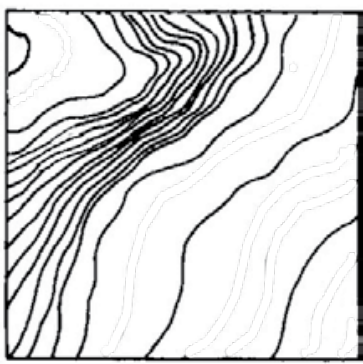 Curvas de nível muito próximas umas das outras formando uma faixa densa que atravessa a imagem, separando áreas com curvas mais espaçadas.