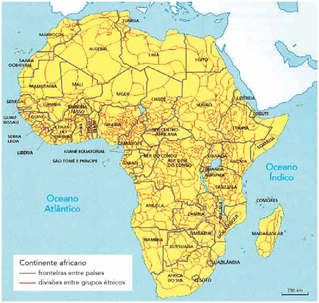Mapa do continente africano mostrando a sobreposição entre as fronteiras territoriais dos países, delimitadas por linhas cinzas, e a grande quantidade e fragmentação das divisões entre grupos étnicos, traçadas por linhas alaranjadas.