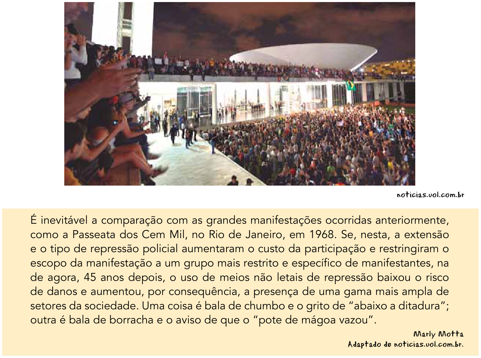 Fotografia noturna da área externa e da cobertura do Congresso Nacional ocupadas por manifestantes em junho de 2013, com crédito a noticias.uol.com.br. Abaixo, em quadro destacado, texto de Marly Motta comparando essas manifestações com a Passeata dos Cem Mil de 1968.