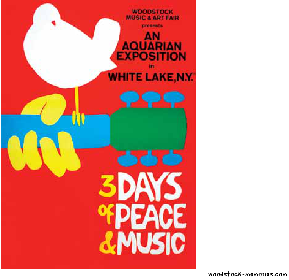 Cartaz do Festival de Woodstock de 1969 com um pássaro branco pousado sobre o braço de um violão e o texto "3 Days of Peace & Music"