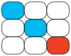 Painel 3x3 com as seções superior esquerda e central acesas em azul e a inferior direita acesa em vermelho