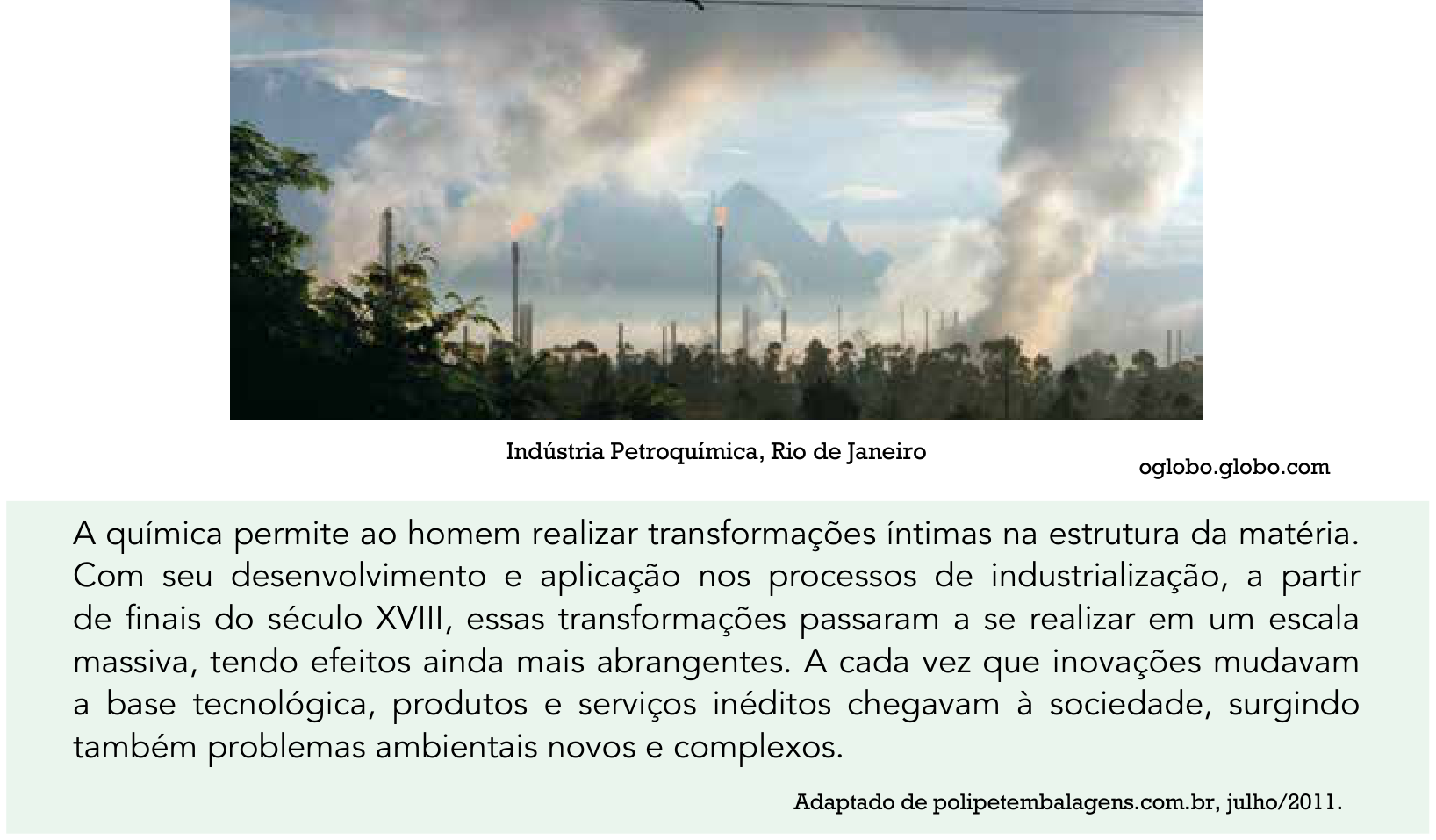 Fotografia de uma instalação industrial petroquímica com chaminés expelindo fumaça e chamas, vegetação em primeiro plano e montanhas ao fundo. Abaixo da fotografia, constam a legenda "Indústria Petroquímica, Rio de Janeiro" e o crédito "oglobo.globo.com". Segue-se um quadro verde com texto sobre a química, a industrialização e os impactos ambientais decorrentes.
