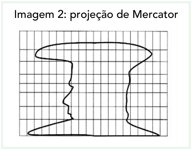 Imagem 2: o mesmo perfil de cabeça humana distorcido sobre uma grade retangular ortogonal da projeção de Mercator, com alargamento pronunciado nas extremidades superior e inferior (altas latitudes).