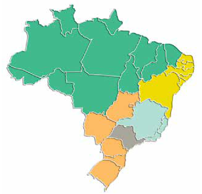 Mapa do Brasil redividido em cinco macrorregiões representadas por cores diferentes: verde (abrangendo a Região Norte, Mato Grosso e estados do norte do Nordeste), amarelo (estados da costa leste do Nordeste), azul-claro (Minas Gerais, Rio de Janeiro e Espírito Santo), cinza (São Paulo) e laranja (Goiás, Distrito Federal, Mato Grosso do Sul e Região Sul).