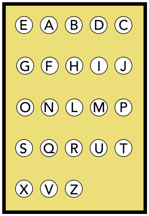 Cartão de raspadinha retangular amarelo com 23 letras organizadas em cinco linhas: na primeira linha, cinco círculos com E, A, B, D, C; na segunda linha, cinco círculos com G, F, H, I, J; na terceira linha, cinco círculos com O, N, L, M, P; na quarta linha, cinco círculos com S, Q, R, U, T; na quinta linha, três círculos com X, V, Z.