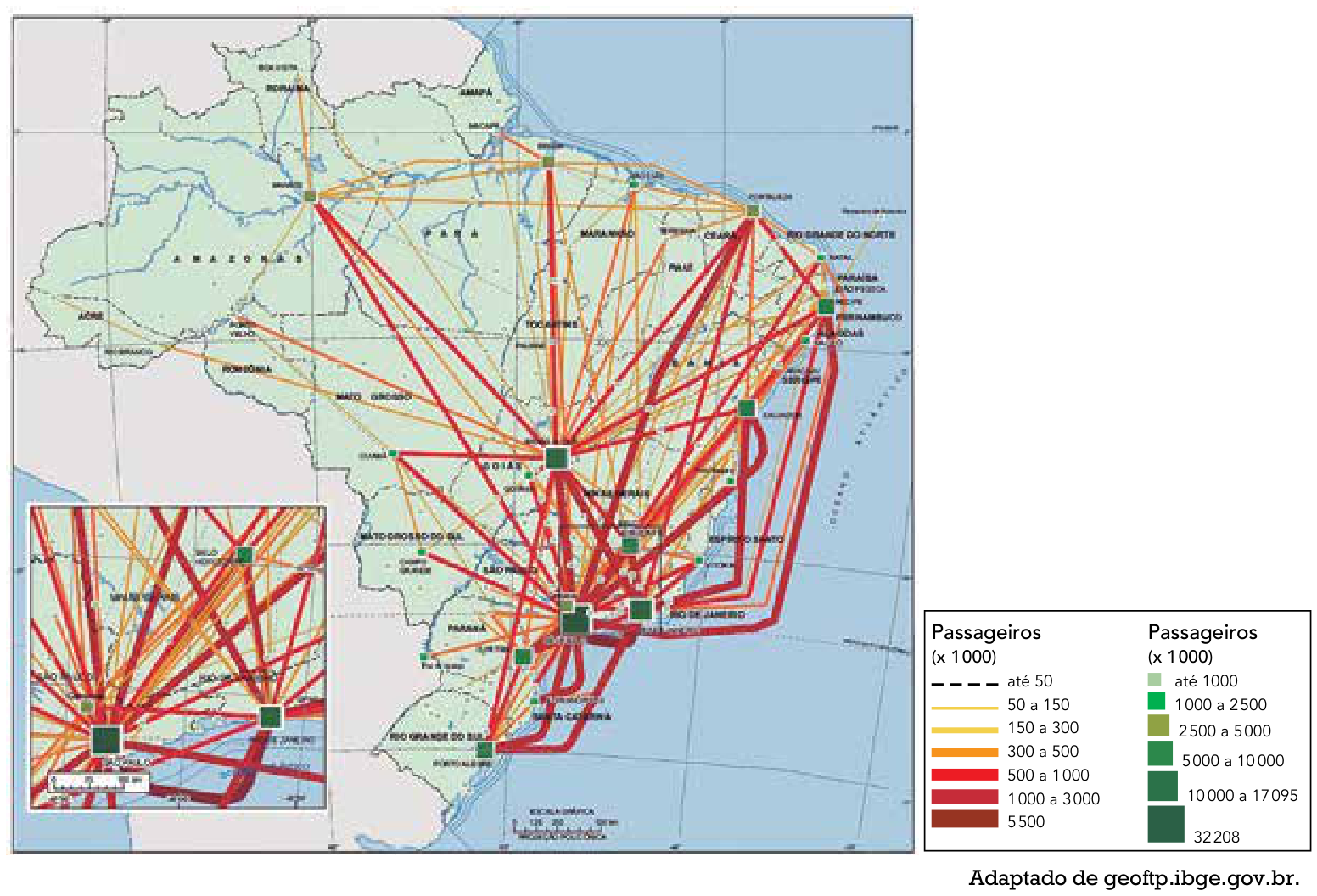 Mapa do Brasil mostrando os fluxos das ligações aéreas de passageiros em 2010 e o movimento nas cidades. Linhas conectam os aeroportos com espessuras e cores correspondentes ao número de passageiros (x 1000): de linhas tracejadas (até 50) a linhas espessas bordô (5500). Quadrados verdes indicam a movimentação por cidade (x 1000): de verde-claro pequeno (até 1000) a verde-escuro grande (32 208, destacando São Paulo). Há destaque em detalhe para a região Sudeste.