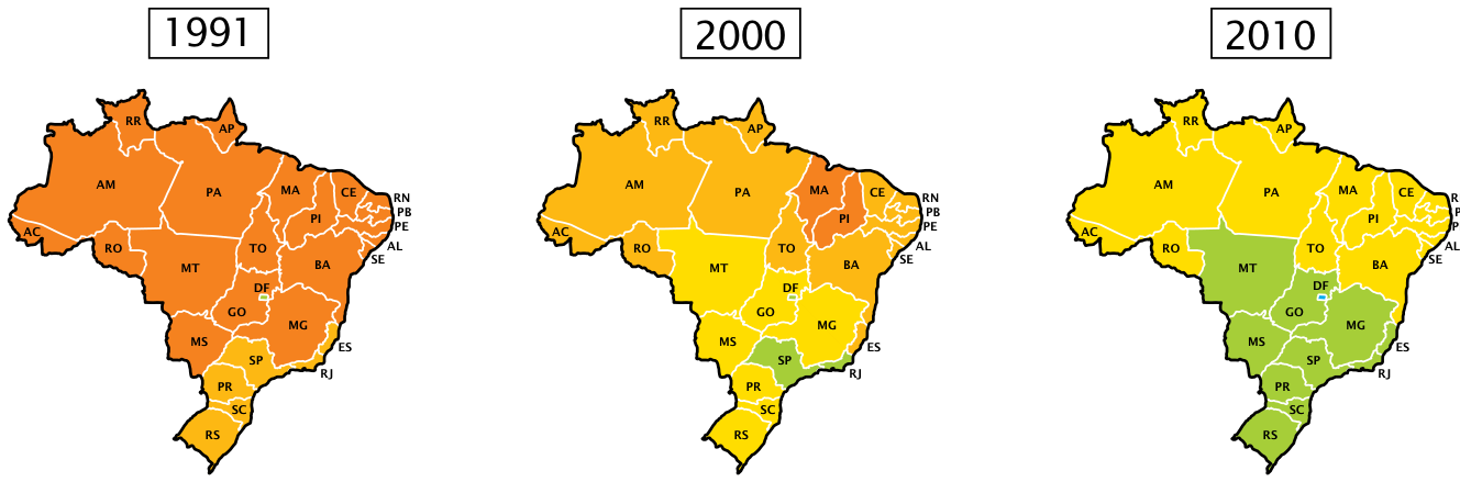 Três mapas do Brasil indicando o IDH-M dos estados nos anos de 1991, 2000 e 2010