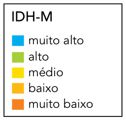 Legenda do IDH-M: muito alto (azul), alto (verde), médio (amarelo), baixo (laranja claro) e muito baixo (laranja escuro)