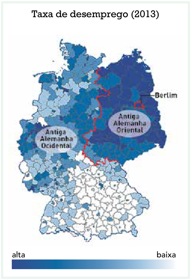 Mapa da Alemanha destacando a divisão entre a Antiga Alemanha Ocidental e a Antiga Alemanha Oriental, exibindo a taxa de desemprego em 2013 em escala contínua de azul escuro (alta) a azul claro (baixa), observando-se maior concentração de desemprego na porção oriental.