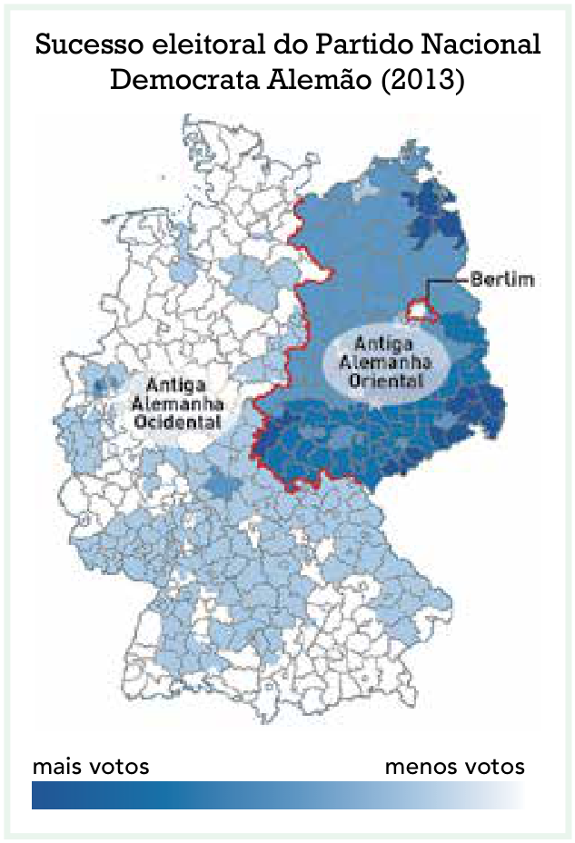 Mapa da Alemanha destacando a divisão entre a Antiga Alemanha Ocidental e a Antiga Alemanha Oriental, exibindo o sucesso eleitoral do Partido Nacional Democrata Alemão em 2013 em escala de azul escuro (mais votos) a azul claro (menos votos), observando-se maior concentração de votos na porção oriental.