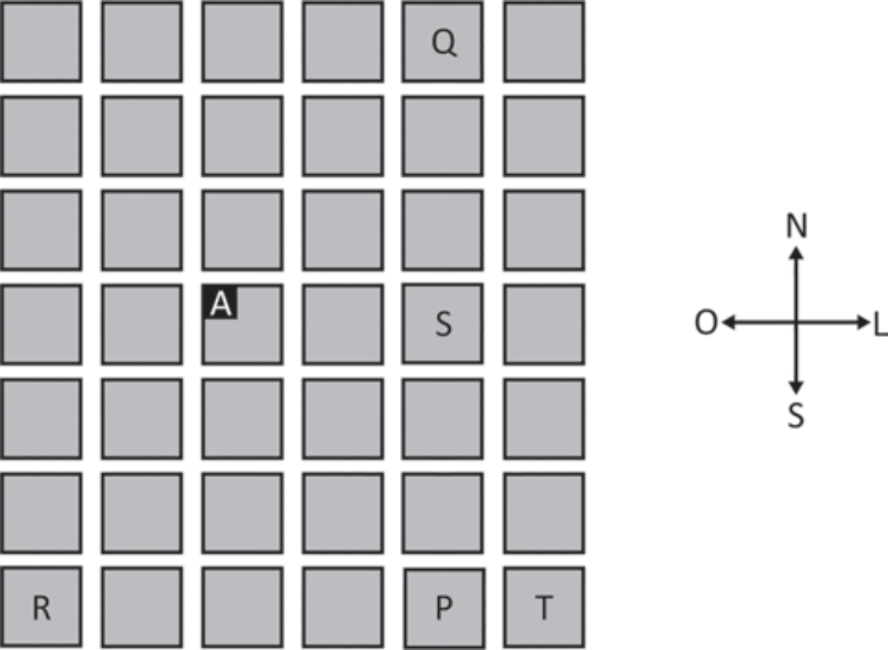 Grade de quarteirões com alguns identificados pelas letras Q, A, S, R, P e T, e uma indicação das direções cardeais N, S, L e O à direita.