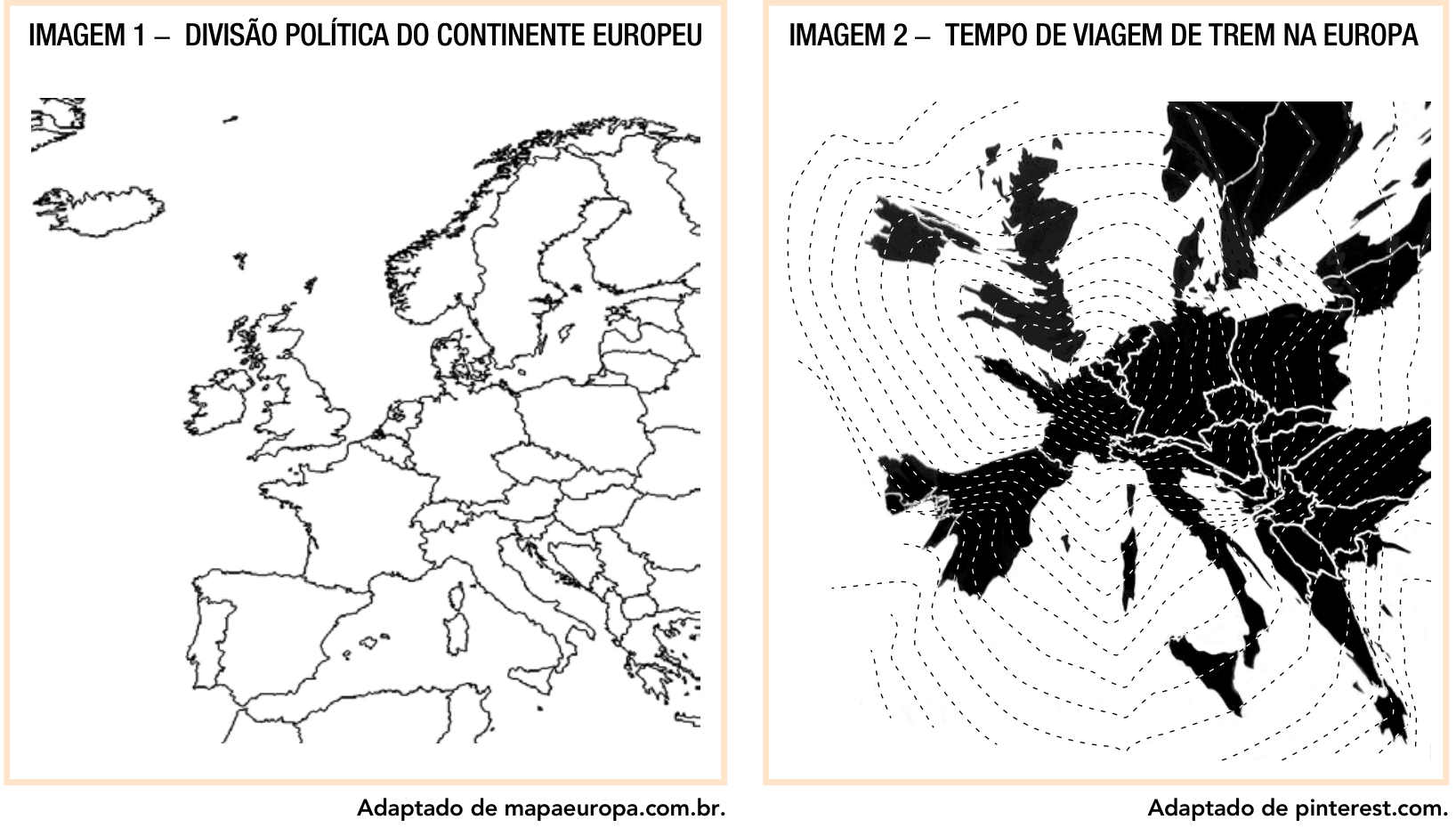 F1 Imagem 1: mapa com a divisão política do continente europeu; Imagem 2: mapa anamórfico do continente europeu mostrando o tempo de viagem de trem, com linhas tracejadas concêntricas que representam isócronas a partir de Paris