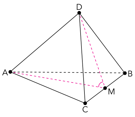 Tetraedro regular com vértices A, B, C e D. O ponto M é o ponto médio da aresta BC, com segmentos tracejados ligando o vértice A ao ponto M e o vértice D ao ponto M, demarcando o ângulo AMD.