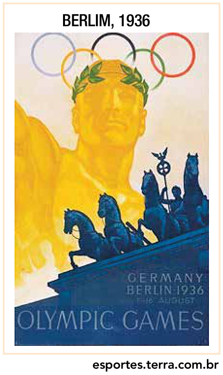 Cartaz dos Jogos Olímpicos de Berlim, 1936, mostrando uma figura masculina laureada em primeiro plano em tom dourado com os anéis olímpicos acima e, em silhueta azul escura, a quadriga do Portão de Brandemburgo.