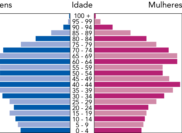 Pirâmide etária invertida/abaulada no topo, com maior concentração de população nas faixas etárias de 60 a 74 anos
