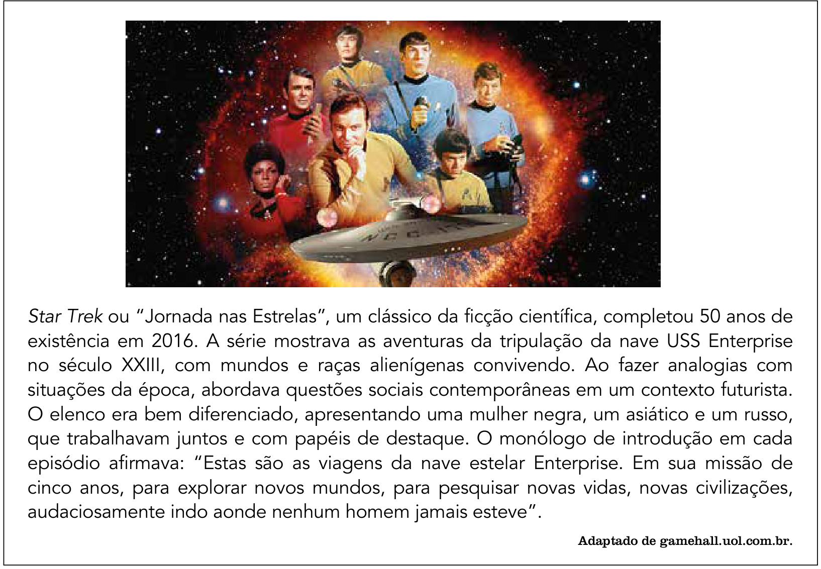 Quadro com montagem dos tripulantes da série Star Trek e a nave Enterprise no espaço, acompanhada de texto jornalístico sobre os 50 anos da franquia, destacando a diversidade do elenco com papéis de destaque e sua missão de exploração espacial.