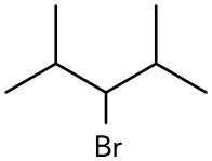 Fórmula estrutural em bastão de uma cadeia de cinco carbonos, com grupos metila ligados ao segundo e ao quarto carbonos e um átomo de Br ligado ao terceiro carbono.