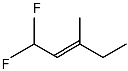 Fórmula estrutural em bastão de uma cadeia de cinco carbonos, com dois átomos de F ligados ao primeiro carbono, ligação dupla entre o segundo e o terceiro carbonos e um grupo metila ligado ao terceiro carbono.