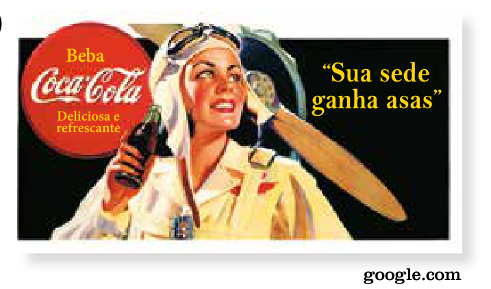 Anúncio publicitário ilustrado com uma aviadora segurando uma garrafa de Coca-Cola com os dizeres "Beba Coca-Cola. Deliciosa e refrescante" e "'Sua sede ganha asas'".