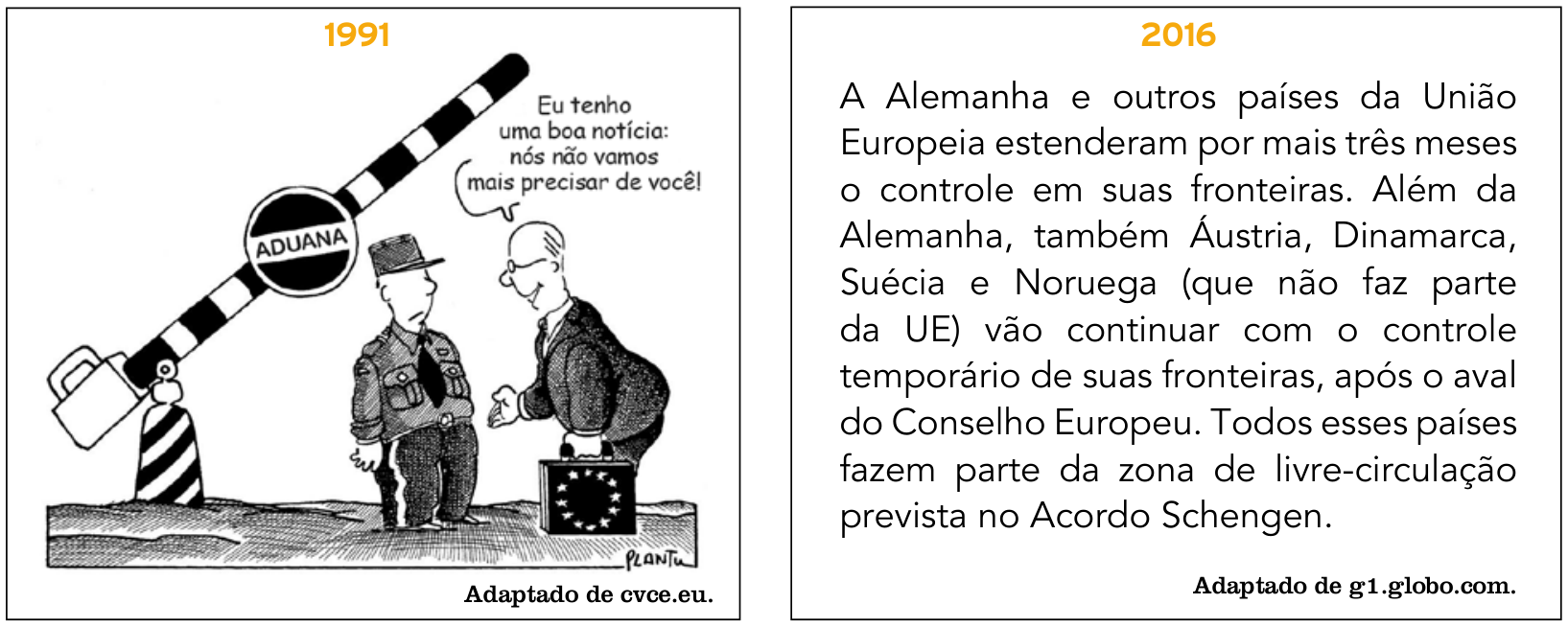Comparativo entre 1991 e 2016. Em 1991, uma charge de Plantu mostra uma cancela com a placa "ADUANA" levantada e um homem segurando uma pasta com a bandeira da União Europeia dizendo a um guarda aduaneiro cabisbaixo: "Eu tenho uma boa notícia: nós não vamos mais precisar de você!". Em 2016, uma notícia informa: "A Alemanha e outros países da União Europeia estenderam por mais três meses o controle em suas fronteiras. Além da Alemanha, também Áustria, Dinamarca, Suécia e Noruega (que não faz parte da UE) vão continuar com o controle temporário de suas fronteiras, após o aval do Conselho Europeu. Todos esses países fazem parte da zona de livre-circulação prevista no Acordo Schengen."