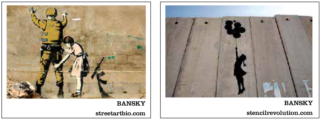 Dois grafites atribuídos a Bansky na região da Cisjordânia: à esquerda, uma menina revista um soldado com as mãos na parede; à direita, a silhueta de uma menina segura um punhado de balões que a suspendem no alto do paredão de concreto.