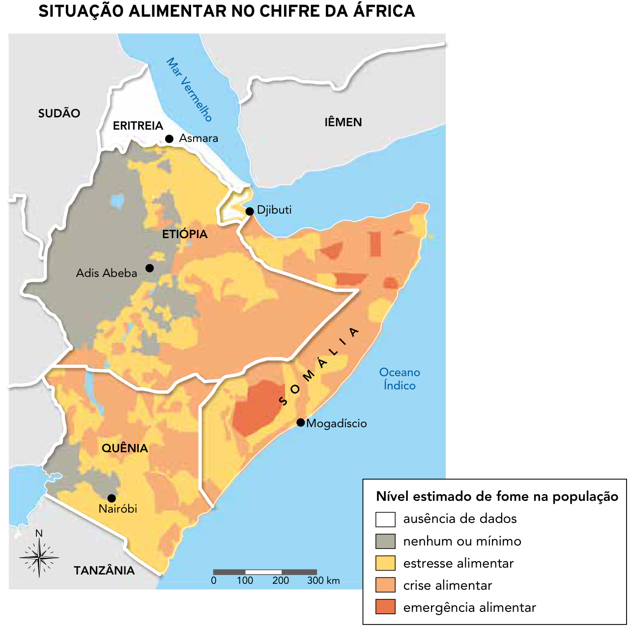 Mapa intitulado "Situação Alimentar no Chifre da África", indicando o nível estimado de fome na população em países como Etiópia, Somália e Quênia, com níveis que vão de mínimo a emergência alimentar.