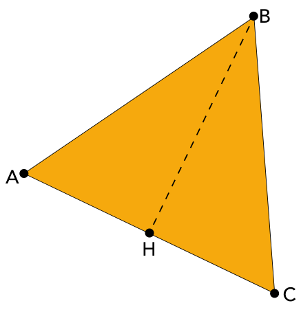 F1 Triângulo equilátero ABC de cor laranja, com o ponto H localizado sobre o lado AC e conectado ao vértice B por um segmento tracejado.