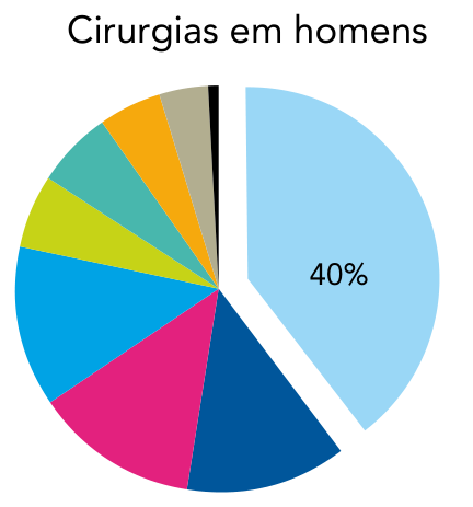Gráfico de setores com o título "Cirurgias em homens", destacando a fatia de 40% referente a fêmur, além das demais fatias coloridas.