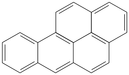 Fórmula estrutural do benzopireno, composto aromático formado pela fusão de cinco anéis de benzeno