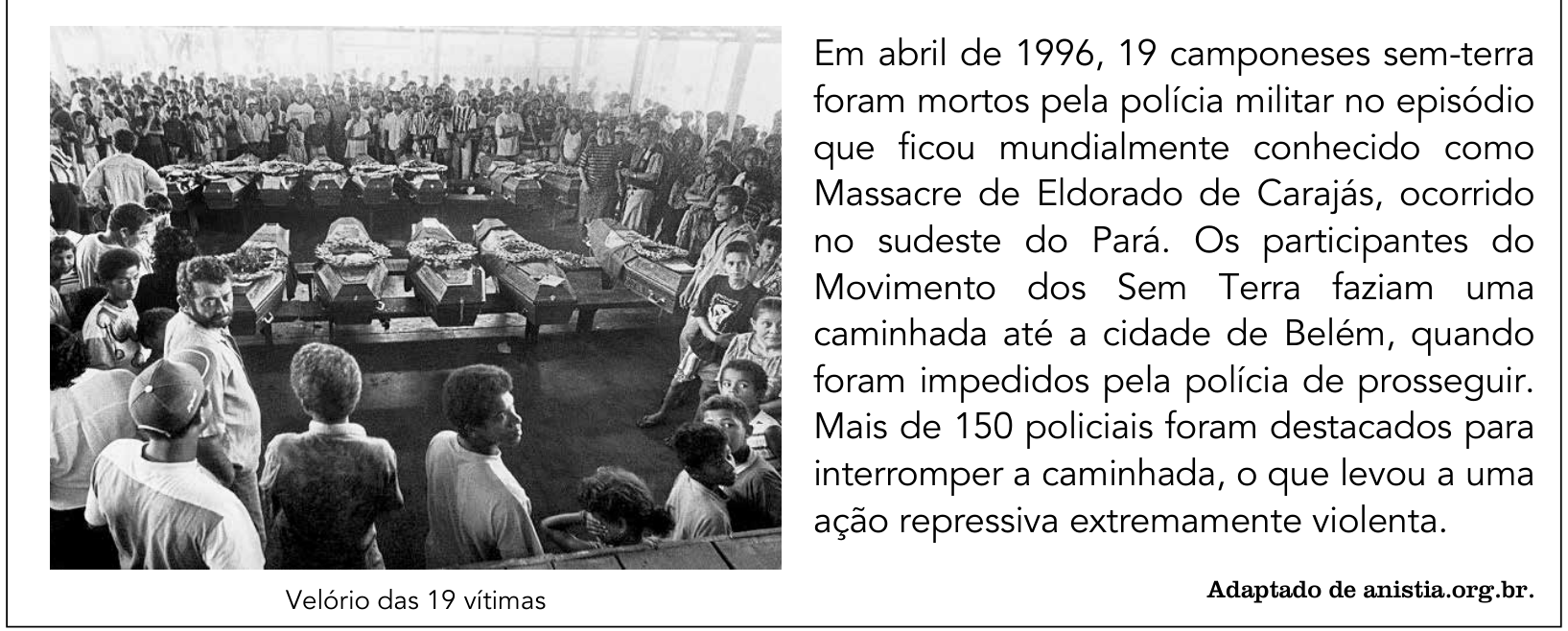 Quadro com fotografia em preto e branco do velório das vítimas do Massacre de Eldorado de Carajás, mostrando caixões alinhados cercados por pessoas, com a legenda "Velório das 19 vítimas". Ao lado, texto: "Em abril de 1996, 19 camponeses sem-terra foram mortos pela polícia militar no episódio que ficou mundialmente conhecido como Massacre de Eldorado de Carajás, ocorrido no sudeste do Pará. Os participantes do Movimento dos Sem Terra faziam uma caminhada até a cidade de Belém, quando foram impedidos pela polícia de prosseguir. Mais de 150 policiais foram destacados para interromper a caminhada, o que levou a uma ação repressiva extremamente violenta. Adaptado de anistia.org.br."
