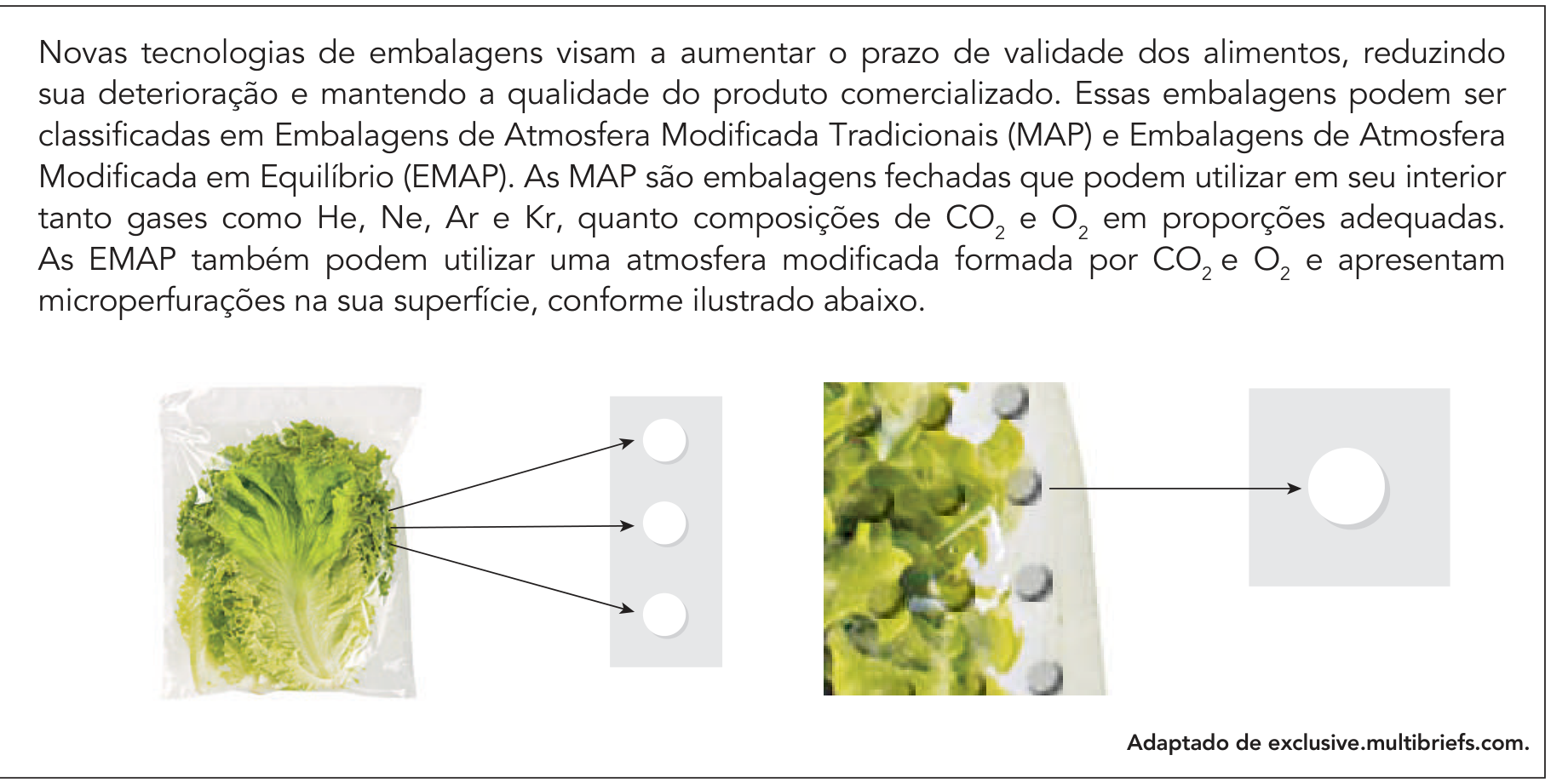 F1 Ilustração de uma embalagem plástica com folhas de alface (EMAP) com setas apontando para microperfurações na sua superfície e detalhes ampliados em círculos brancos.