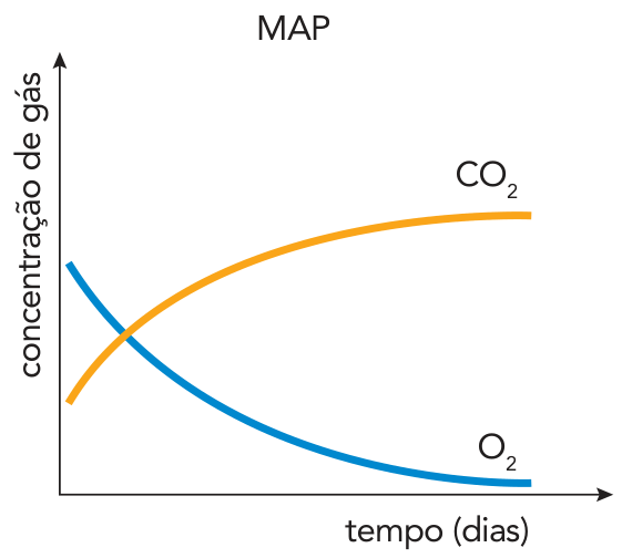 Gráfico de concentração de gás em função do tempo para embalagem MAP