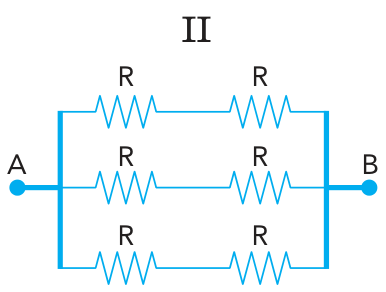 Esquema do circuito II: três ramos em paralelo entre os terminais A e B, cada um contendo dois resistores R em série.