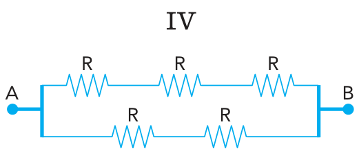 Esquema do circuito IV: dois ramos em paralelo entre os terminais A e B, sendo o ramo superior formado por três resistores R em série e o ramo inferior formado por dois resistores R em série.