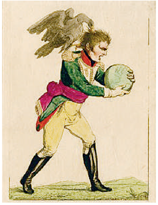 Caricatura de Napoleão Bonaparte em uniforme militar, segurando o globo terrestre com ambas as mãos em direção à boca como se fosse mordê-lo, enquanto é atacado na cabeça por uma águia cinzenta em suas costas.