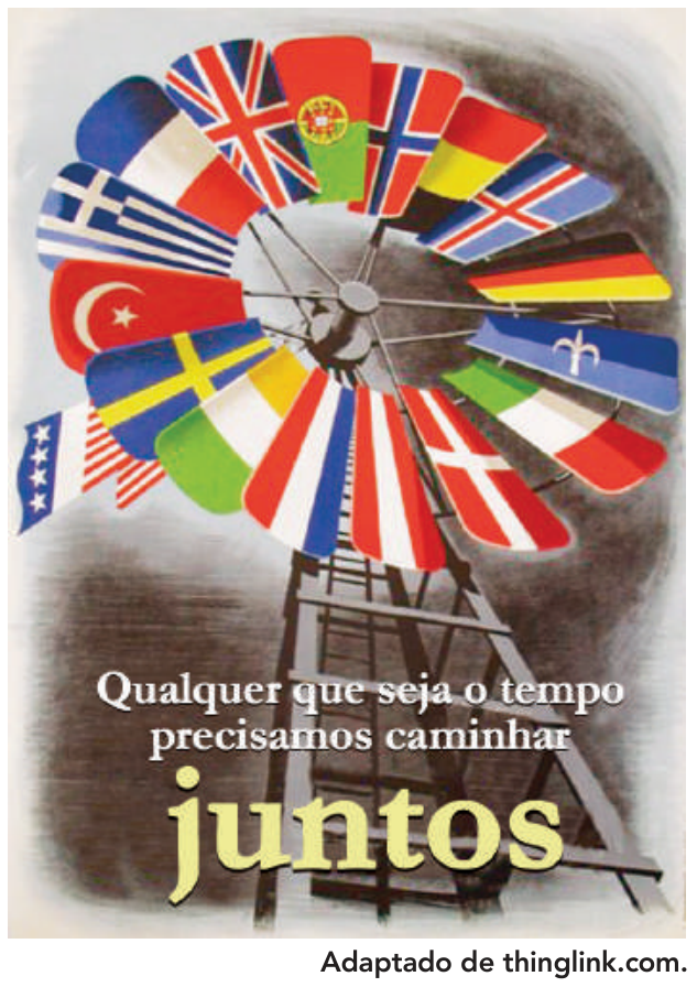 Cartaz de propaganda do Plano Marshall mostrando um moinho de vento cujas pás têm a forma de bandeiras de diversos países europeus e dos Estados Unidos, com a legenda: Qualquer que seja o tempo precisamos caminhar juntos