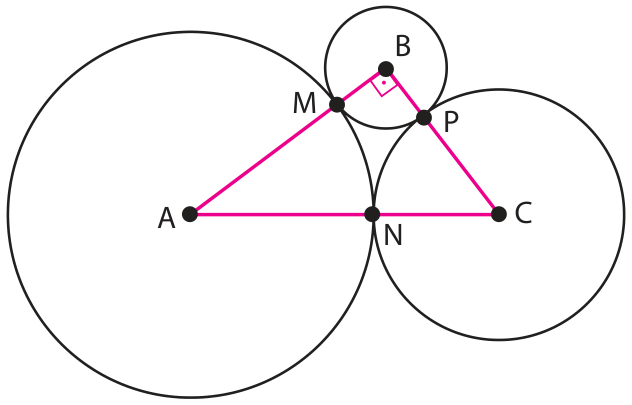 Três circunferências tangentes externamente entre si, com centros A, B e C e pontos de tangência M (entre as circunferências de centros A e B), N (entre as de centros A e C) e P (entre as de centros B e C). Os centros formam o triângulo retângulo ABC, com ângulo reto no vértice B.