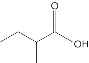 Fórmula estrutural de um ácido carboxílico com cadeia principal de quatro carbonos e grupo metil no carbono 2