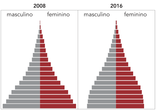 Par de pirâmides etárias identificadas como 2008 e 2016, com barras cinza à esquerda, sob o rótulo “masculino”, e vermelhas à direita, sob o rótulo “feminino”. Em 2008, a pirâmide tem base larga e estreita progressivamente até o topo. Em 2016, as barras inferiores têm larguras semelhantes entre si, formando uma base menos triangular, e as barras se estreitam progressivamente em direção ao topo. Não há valores nem faixas etárias indicados.