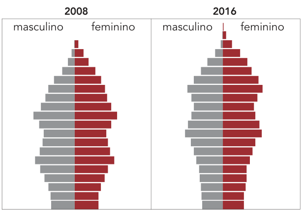 Par de pirâmides etárias identificadas como 2008 e 2016, com barras cinza à esquerda, sob o rótulo “masculino”, e vermelhas à direita, sob o rótulo “feminino”. Ambas têm bases estreitas, alargamentos irregulares nas faixas intermediárias e topos estreitos. Em 2008, há dois alargamentos destacados, um na metade inferior e outro na metade superior. Em 2016, os alargamentos mais destacados aparecem na região central e na metade superior. Não há valores nem faixas etárias indicados.
