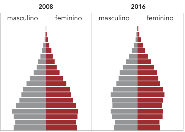 Par de pirâmides etárias identificadas como 2008 e 2016, com barras cinza à esquerda, sob o rótulo “masculino”, e vermelhas à direita, sob o rótulo “feminino”. Em 2008, as barras mais largas estão próximas da base, mas as duas barras inferiores são um pouco mais estreitas; acima dessa região, a pirâmide se estreita em direção ao topo. Em 2016, a base é mais estreita que as faixas imediatamente superiores, com alargamentos na metade inferior e estreitamento em direção ao topo. Não há valores nem faixas etárias indicados.